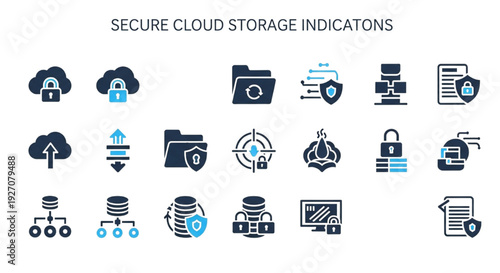 Secure Cloud Storage Icons Set for Data Protection and Security
