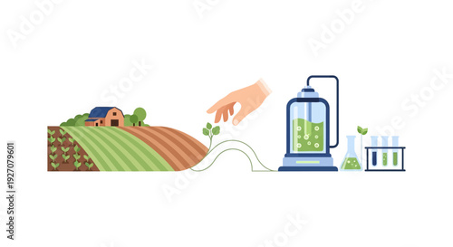 Agri-Tech and Biotechnology Concept. Seamless connection between sustainable farming, crop development, and scientific laboratory research illustration.