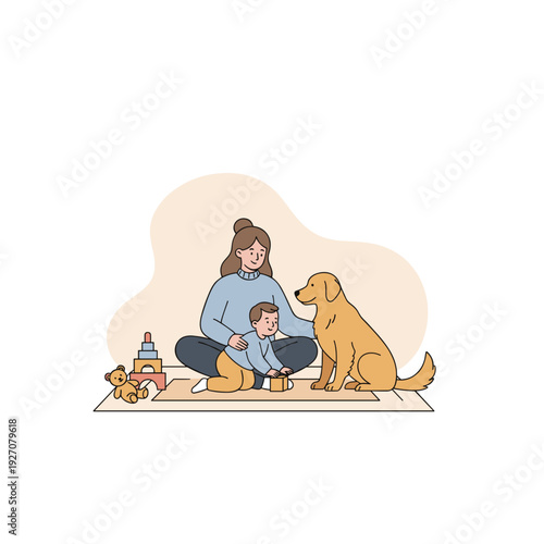 Young mother sitting on floor with baby and golden retriever dog playing with toys at home, concept of family bonding and caring parenthood