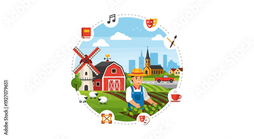 Rural Life and Urban Culture Concept Vector. Farmer in Field with Farmstead, City Skyline, and Lifestyle Icons (Agriculture, Art, Community).