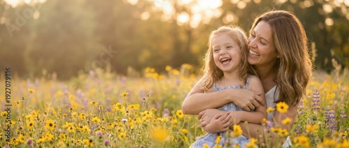 Joyful Mother and Child Embrace in a Sunny Wildflower Field at Sunset