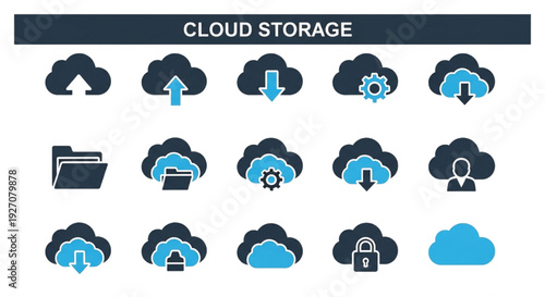 Comprehensive Vector Icon Set for Cloud Computing, Data Storage, and File Management Systems