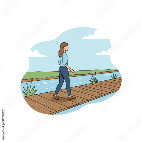 Young woman walking on wooden boardwalk along calm canal with green reeds and blue sky, concept of peaceful nature прогулка and mindfulness