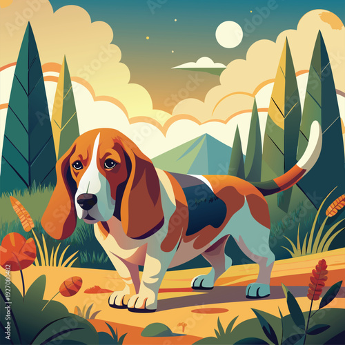 A beagle stands in a scenic outdoor setting