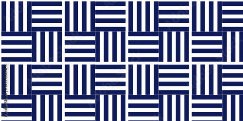 Minimal line Seamless geometric pattern with shapes. Decoration and maze ornament square overlap white and blue stripes wall tile.