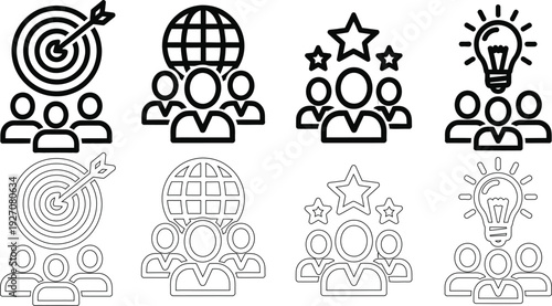 Business strategy and teamwork icons for marketing and planning