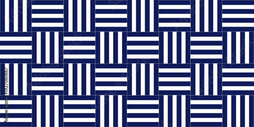 Minimal line Seamless geometric pattern with shapes. Decoration and maze ornament square overlap white and blue stripes wall tile.