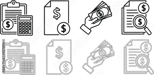 Financial icons depicting money management and accounting concepts clearly shown