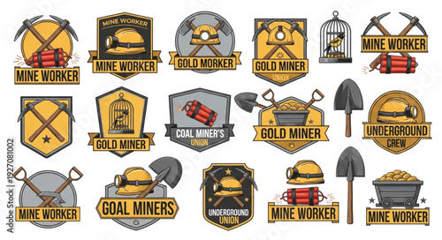 Collection of vintage mining badges and emblems with tools and elements.