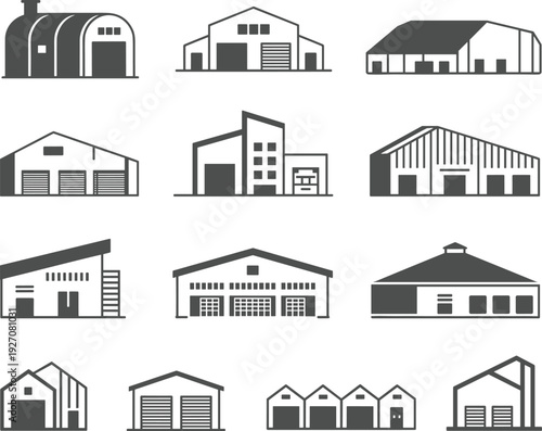 Set of warehouse and industrial building icons, storage facilities, logistics centers, commercial warehouses, garage doors, distribution hubs, industrial structures