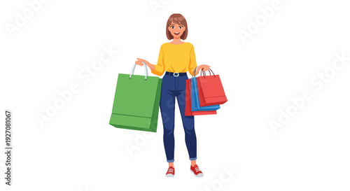 A cheerful woman holding colorful shopping bags on a clean white background with a lively and vibrant mood.