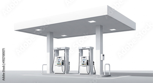 Modern gas station with fuel pumps under a white canopy structure.