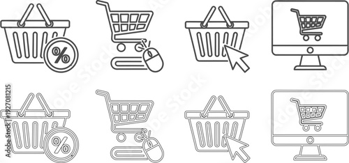 E commerce shopping cart and basket icons in various states shown