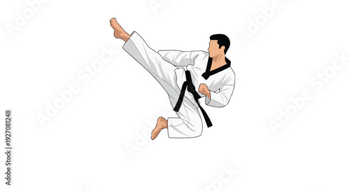 Illustration of a male martial artist in a white uniform with a black belt kicking in mid-air against a plain white background.