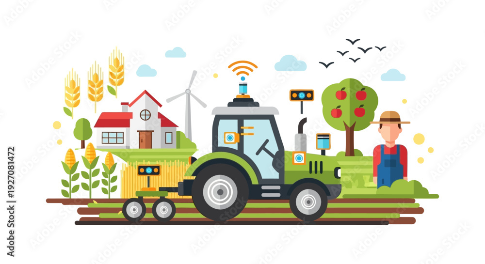 Fototapeta premium Precision Agriculture Concept: Autonomous Smart Tractor, IoT Sensors, and Farmer on a Modern High-Tech Farm. Flat Vector Illustration.