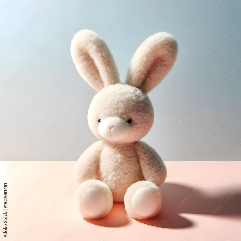Obraz premium A cute, minimalistic Easter bunny plush sitting on a soft pastel background, clean composition, no extra props