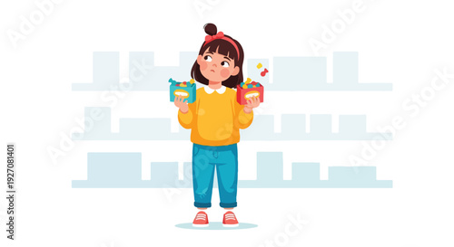 A young woman holding colorful items in both hands standing in front of a minimalist bookshelf with a clean white background.