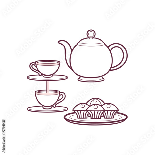 Teapot and cups with muffins on a plate illustration