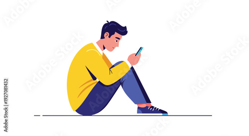 Man sitting on the floor and using a smartphone with a solid white background and a vibrant color scheme.