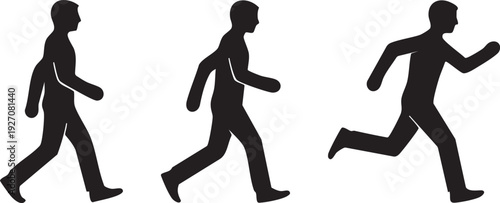 Three silhouettes of people walking and running at different speeds