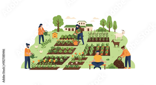 Sustainable Community Garden Farming: People Harvesting Organic Vegetables, Watering Plants, and Meditating in an Urban or Rural Homestead Vector Illustration.