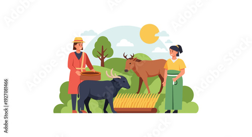 Animal Husbandry: Female Farmers Feeding Cattle and Bulls in a Sunny Rural Pasture Illustration