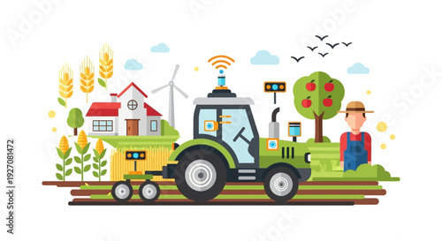 Precision Agriculture Concept: Autonomous Smart Tractor, IoT Sensors, and Farmer on a Modern High-Tech Farm. Flat Vector Illustration.