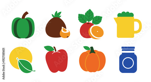 Minimalist Flat Design Vector Icon Set of Healthy Food, Fruits, Vegetables, and Agricultural Ingredients. Simple Modern Symbols for Nutrition and Produce.