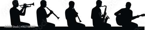 Silhouette of five musicians sitting and playing instruments, trumpet, flute, saxophone, guitar, artistic performance, musical band, black outline, isolated on white background