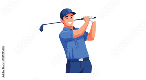 Illustration of a man swinging a golf club in a blue outfit against a white background.