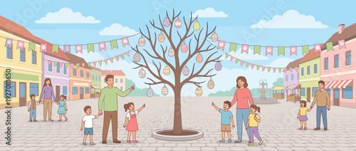 Flat vector illustration of a colorful Easter egg tree in a charming town square with happy families, children, and parents admiring the decorations under a blue sky with festive bunting.