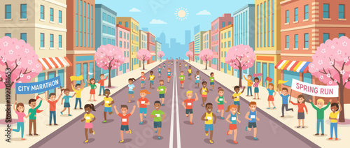 Flat Vector Illustration of a Diverse Group of People Running in a City Marathon Race During Springtime. Cheering Spectators Line the Urban Street with Banners and Flags Under Cherry Blossoms.