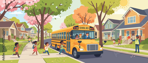 Flat vector illustration of a yellow school bus dropping off diverse children in a sunny suburban neighborhood with blooming trees, houses, and a crossing guard ensuring student safety on street.
