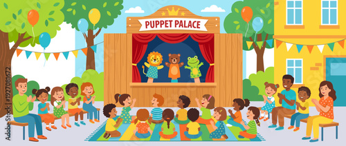 Vibrant flat vector illustration of a children's puppet theater show featuring a diverse audience of happy kids and adults watching animal hand puppets on an outdoor stage with balloons and bunting