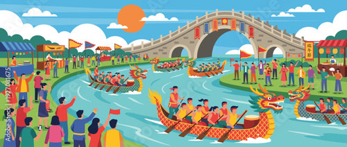 Traditional Chinese Dragon Boat Festival illustration with rowers racing on a river, spectators cheering, stone arch bridge, food stalls, and festive decorations during the Duanwu celebration.