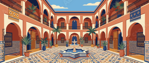 Traditional Moroccan Riad Courtyard Vector Illustration with Intricate Mosaic Tiles, Central Star Fountain, Arched Architecture, Palm Trees, Potted Plants, and Vibrant Terracotta Walls.