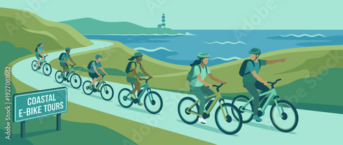 Flat vector illustration of a diverse group of people on a guided coastal e-bike tour along a scenic winding path by the ocean with a lighthouse in the background for travel and leisure promotion.