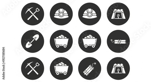 Mining equipment icons representing various tools and symbols for the industry.