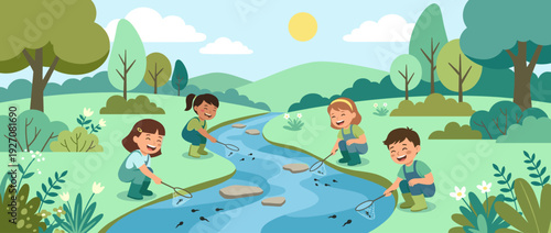 Flat vector illustration of happy children catching tadpoles in a winding spring creek with stepping stones. Kids exploring nature in a sunny park landscape with green hills, trees and flowers.