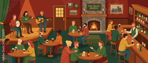 Flat vector illustration of a traditional Irish pub interior called The Celtic Hearth featuring a live folk music session with musicians playing violin, guitar, and bodhran for happy patrons.