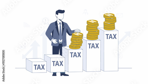 Vector illustration of a businessman stacking gold coins on ascending blocks with the word TAX, symbolizing progressive taxation, financial management, corporate tax, and wealth distribution.