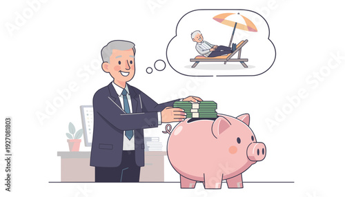 Businessman Putting Money into a Piggy Bank and Dreaming of Retirement. Vector Illustration of a Man Saving Cash for Future Senior Life, Relaxing on a Beach Chair under a Sun Umbrella Concept.
