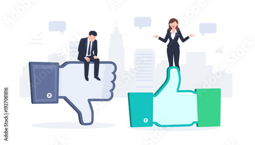 Business people on giant like and dislike icons representing social media feedback, customer reviews, and online reputation with a sad man on thumbs down and a happy woman on a thumbs up symbol.