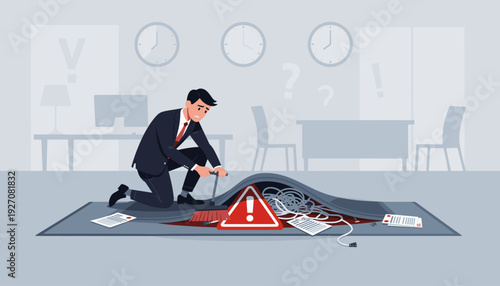 Businessman Sweeping Problems Under the Rug in Office Setting, Allegory of Hiding Corporate Secrets, Avoiding Trouble, and Delaying Solutions, Tangled Wires and Warning Sign Under the Carpet