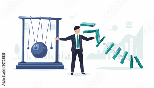 Businessman Stopping Newton's Cradle and Domino Effect for Crisis Management and Conflict Prevention Concept, Professional Leader Intervening to Maintain Business Stability and Risk Control