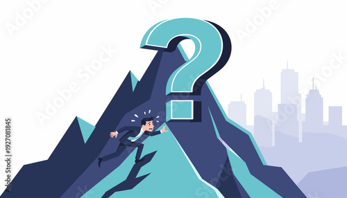 Businessman struggling to climb a steep mountain with a giant question mark at the peak, representing career challenges, uncertainty, problem solving, and the difficult path to success and goals.