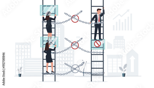 Gender inequality concept with businesswomen climbing a ladder blocked by glass ceilings and chains while a man stands higher, illustrating career obstacles, discrimination, and unfairness.
