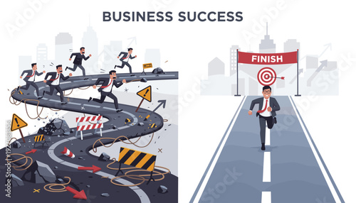 Business Success Concept Illustration Comparing a Hard Winding Road with Obstacles and Competition to a Straight Easy Path Leading to a Finish Line and Target for Ambitious Corporate Leaders.