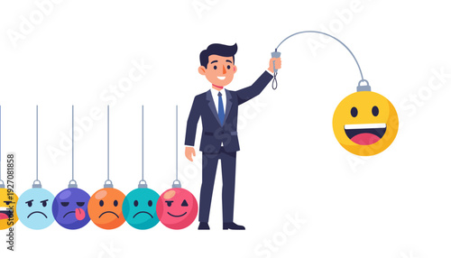 Businessman holding a large yellow happy face emoji pendulum to balance a row of sad and angry expressions, representing emotional intelligence, mental health, and choosing optimism in business.