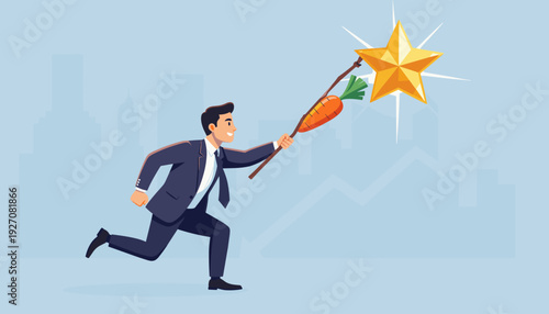 Businessman Running and Chasing a Gold Star and Carrot on a Stick, Concept of Motivation, Incentive, and Reward for Employee Success, Ambition and Business Growth with City Skyline Backdrop.
